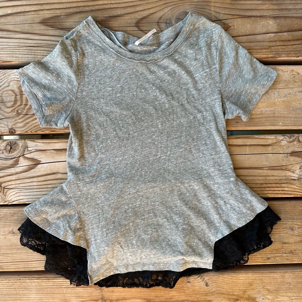 Free People Tulip Trim Gray Heathered Lace Peplum T Shirt Short Sleeve